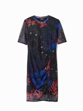 Desigual Black Dress with Blue and red Floral Patchwork Mesh S